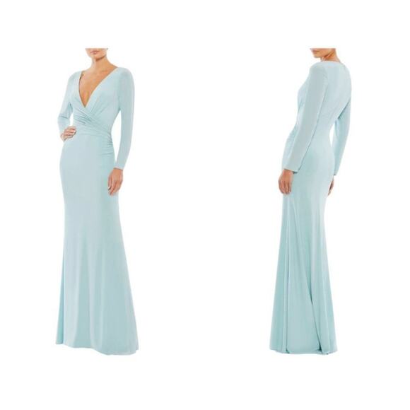 Ieena For Mac Duggal Blue Long Sleeve Jersey Sheath Gown Size 12 NWT $348 MSRP - Picture 1 of 9